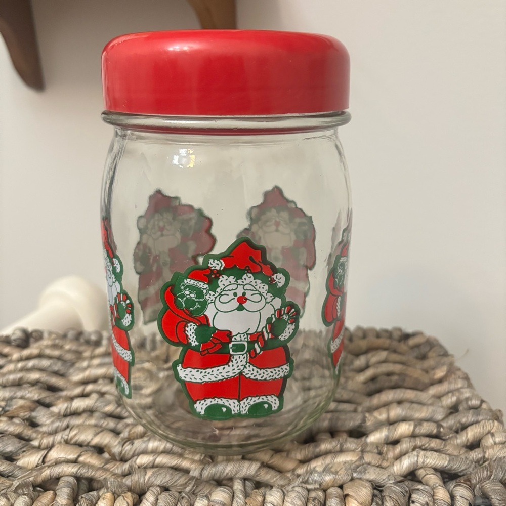 Vintage Christmas Glass Cookie/Candy Jar with Plastic Red Lid Featuring Santa